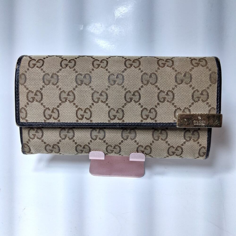 Gucci GG monogram Beige Long flap continental wallet snap clasp leather trim